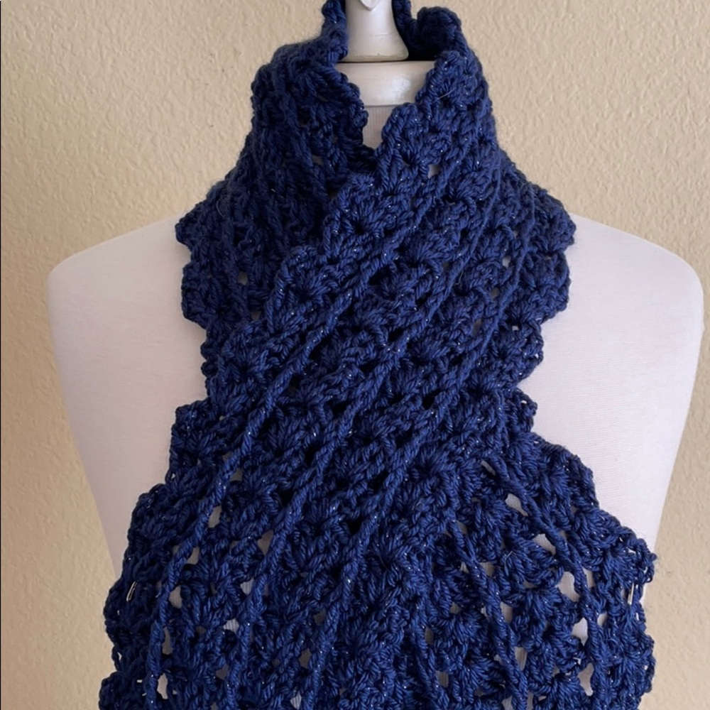 Scarf Navy Blue Scalloped Design Tassels Handmade